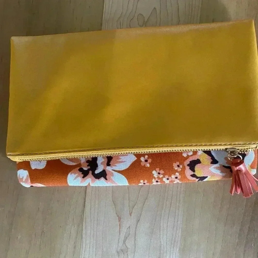 RACHEL PALLY REVERSIBLE Orange Yellow Canvas & Leather Floral Print CLUTCH